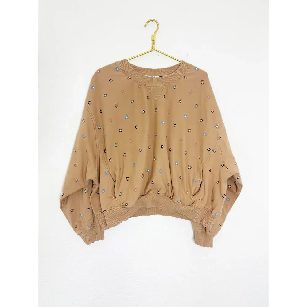 Madewell Terry Sweatshirt in Dot Daisy Size 2X Tan Sloucy Oversized Boho Lounge